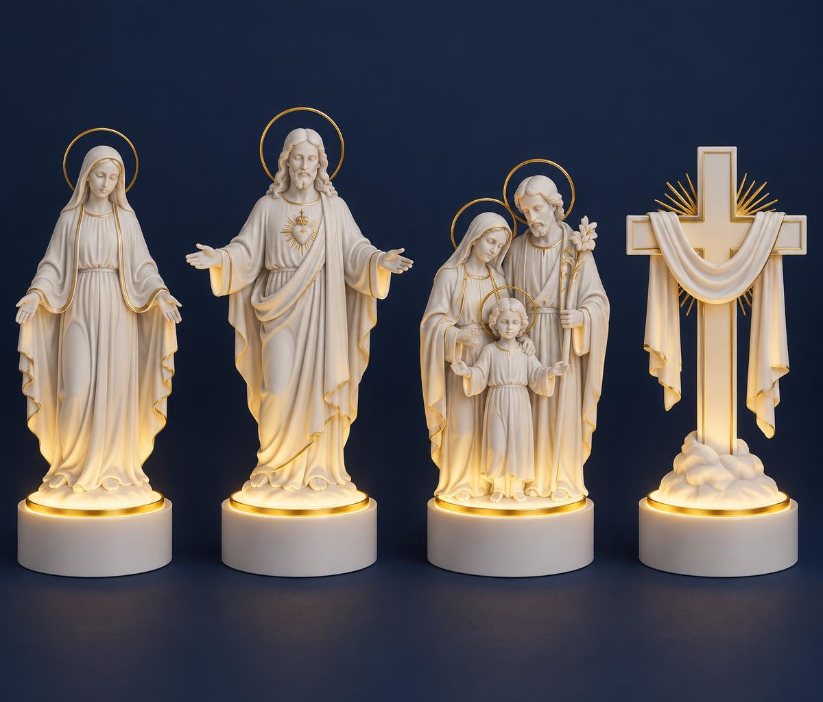 Ilustração das luminárias Nossa Senhora, Jesus de braços abertos, Sagrada Família e Cruz com manto, com bases de LED